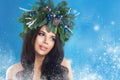 Christmas Winter Woman. Beautiful New Year and Christmas Tree Royalty Free Stock Photo