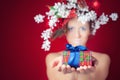 Christmas winter woman with tree hairstyle and makeup, magical fairy Royalty Free Stock Photo
