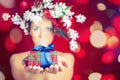 Christmas winter woman with tree hairstyle and makeup, magical fairy Royalty Free Stock Photo