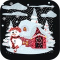 Christmas winter wonderland template. Christmas background with fairy tale house and forest in snowfall. Vector Royalty Free Stock Photo