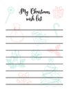 Christmas wish list blank template. Empty Xmas wishlist with cute kid doodles and copy space. Vertical vector illustration. Royalty Free Stock Photo