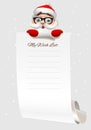 Christmas wish list, Santa Claus character holding big arch of paper. Template for Christmas wishes, vector illustration Royalty Free Stock Photo