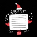 Christmas wish list template with red santa hat and gift box illustration. Empty wishlist design for kids poster