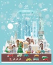 Christmas wishes from America. Modern vector greeting card in flat style with snowflakes, winter city, decorations, cars and happ