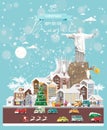 Christmas wishes from Brazil. Modern vector greeting card in flat style with snowflakes, winter city, decorations, cars and happ