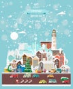 Christmas wishes from Canada. Modern vector greeting card in flat style with snowflakes, winter city, decorations, cars and happ