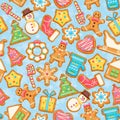 Christmas wishes with colorful gingerbreads on seampless pattern. Vector greeting card in flat style with snowflakes Royalty Free Stock Photo