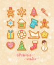 Christmas wishes with colorful gingerbreads. Vector greeting card in flat style with snowflakes Royalty Free Stock Photo