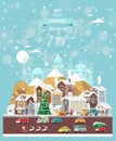 Christmas wishes from Egypt. Modern vector greeting card in flat style with snowflakes, winter city, decorations, cars and happ