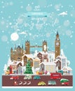 Christmas wishes from England. Modern vector greeting card in flat style with snowflakes, winter city, decorations, cars and happ