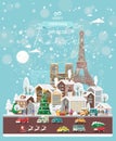 Christmas wishes from France. Modern vector greeting card in flat style with snowflakes, winter city, decorations, cars and happ