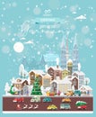 Christmas wishes from Germany. Modern vector greeting card in flat style with snowflakes, winter city, decorations, cars and happ