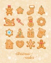 Christmas wishes with gingerbreads. Vector greeting card in flat style with snowflakes Royalty Free Stock Photo