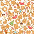 Christmas wishes with gingerbreads on seampless pattern. Vector greeting card in flat style with snowflakes Royalty Free Stock Photo