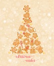 Christmas wishes with gingerbreads Vector greeting card in flat style with snowflakes Royalty Free Stock Photo