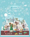 Christmas wishes from Ireland. Modern vector greeting card in flat style with snowflakes, winter city, decorations, cars and happ