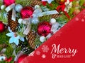 Christmas wishes quotes text on red background colorful  red silver gold blue  tree balls with snowflakes ,  greetings  card  New Royalty Free Stock Photo