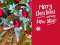 Christmas wishes quotes text on red background colorful  red silver gold blue  tree balls with snowflakes ,  greetings  card  New Royalty Free Stock Photo