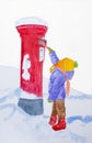 Christmas wishes, red letterbox, child, winter. Royalty Free Stock Photo