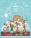 Christmas wishes from Scotland. Modern vector greeting card in flat style with snowflakes, winter city, decorations, cars and happ