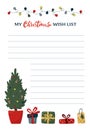 Christmas Wishlist template for kids and adults. Cute hand drawn christmas elements: fir tree, presents and garland. Vector