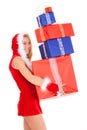 Christmas woman carrying gift pile