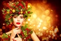 Christmas Woman Face Beauty Makeup, Wreath Hairstyle. Fashion Model Xmas Portrait, Beautiful Girl, Decoration in Hair Royalty Free Stock Photo