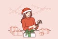 Christmas woman makes gifts with own hands, rejoicing at approach of new year holidays