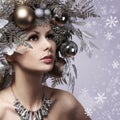 Christmas Woman with New Year Decorated Hairstyle. Snow Queen. P Royalty Free Stock Photo
