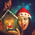 Christmas woman with Santa Claus lantern Royalty Free Stock Photo