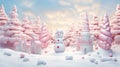 Christmas wonderland. Funny snowman in snow. Realistic 3d Christmas background.