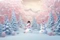 Christmas wonderland. Funny snowman in snow. Realistic 3d Christmas background.