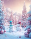 Christmas wonderland. Funny snowman in snow. Realistic 3d Christmas background.