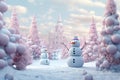 Christmas wonderland. Funny snowman in snow. Realistic 3d Christmas background.