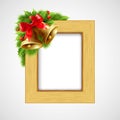 Christmas wood frame with Bell and holly berry Royalty Free Stock Photo