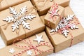 Christmas wooden background with gift boxes and decor. Top view with copy space for your text Royalty Free Stock Photo