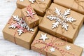 Christmas wooden background with gift boxes and decor. Top view with copy space for your text Royalty Free Stock Photo