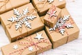 Christmas wooden background with gift boxes and decor. Top view with copy space for your text. Toned Royalty Free Stock Photo