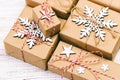 Christmas wooden background with gift boxes and decor. Top view with copy space for your text. Toned Royalty Free Stock Photo