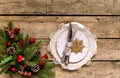 Christmas table setting, menu concept composition, decorated with pine tree branches, spices.