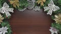 Christmas wooden background with silver, gold, white decor