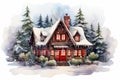 Christmas wooden house in winter forest. Watercolor illustration. Holiday card for design or print Royalty Free Stock Photo