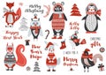 Christmas woodland Animals Cute Forest. Bear, squirrel, rabbit, owl, bird, rooster, penguin, fox. New Year and Christmas cards.