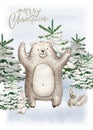 Christmas Woodland Cute forest cartoon raccoon, bear animal character. Winter set of new year card