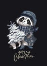 Christmas Woodland Cute forest cartoon raccoon, bear animal character. Winter set of new year card