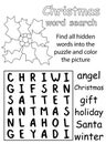 Christmas word search puzzle for kids black and white version with coloring page vector illustration. Find all hidden Royalty Free Stock Photo