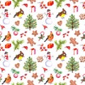 Christmas wrapping paper seamless design. Winter birds, cookies, snowman, gift box, christmas tree, decorated pine Royalty Free Stock Photo