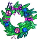 A Christmas wreath with a banter on a white background. Children`s drawing