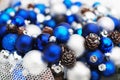 Christmas Wreath blue and Silver Balls or Cristmas Globes Decorated with Pinecones. Isolated with Copy Space.