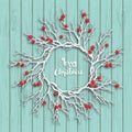Christmas wreath on blue wooden background, illustration